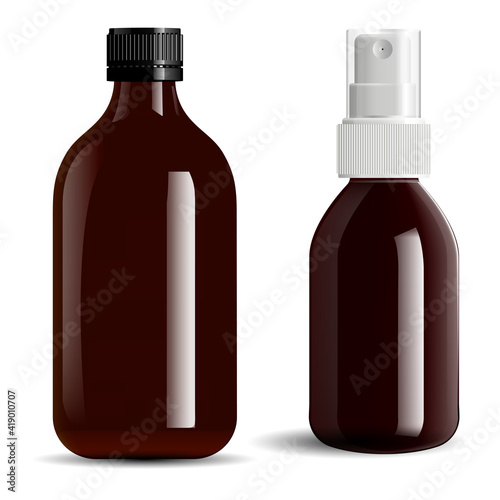 Brown glass bottle. Amber essential oil vial mockup. Screw cap apothecary spray bottle, pharmaceutical container. Prescription liquid cure jar concept, realistic design blank. E juice packaging