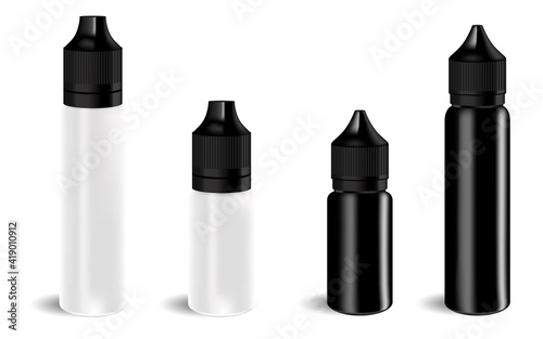 Vape bottle. E liquid container mockup. E juice dropperblank. Cosmetic dropper container. Electronic tobacco jar, vaper packaging with flavour. Vector flask design. Vapor product dropper vial