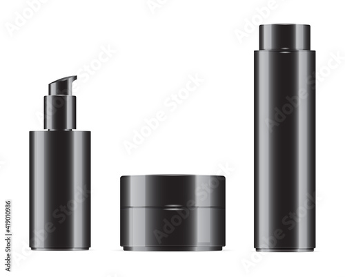 Black cosmetic bottle set. Cream jar, pump bottle, shampoo bottle. Realistic packaging for luxury beauty care product, soap dispenser, shower lotion or milk container collection, 3d template