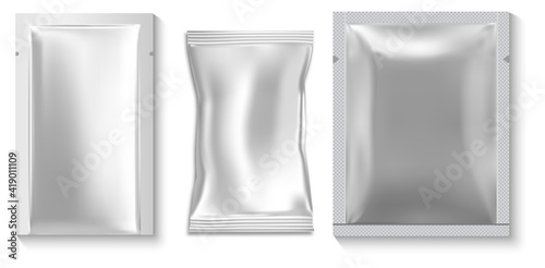 Wet wipe package. Sample pouch, silver sachet mockup. Disposable packet for napkin, isolated object. Foil sachet beauty sheet vector blank. Individual plastic packaging, empty blank