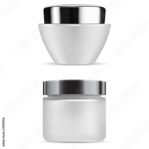 Cream jar. Cosmetic creme bottle matt glass container. Round cosmetic jar mockup blank. Scrub butter packaging on white background, 3d vector template. Matte powder canister, skin care cosmetics