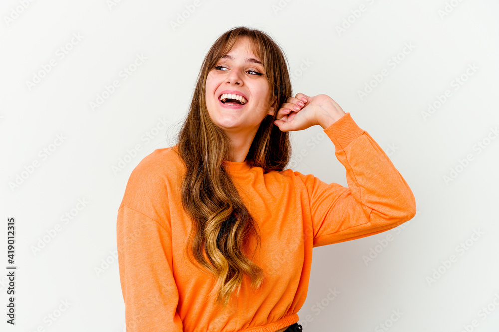 Young caucasian cute woman isolated on white background celebrating a victory, passion and enthusiasm, happy expression. Young caucasian cute woman isolated on white background celebrating a victory, passion and enthusiasm, happy expression.