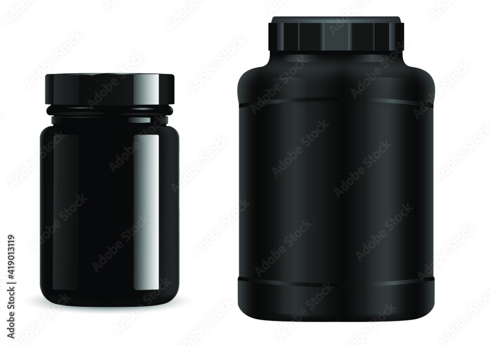 Protein jar. Black plastic bottle. Supplement package, sport container, 3d vector. Whey protein powder packaging. Vitamin pill can, realistic round cylinder bottle set. Geiner pack blank isolated Protein jar. Black plastic bottle. Supplement package, sport container, 3d vector. Whey protein powder packaging. Vitamin pill can, realistic round cylinder bottle set. Geiner pack blank isolated