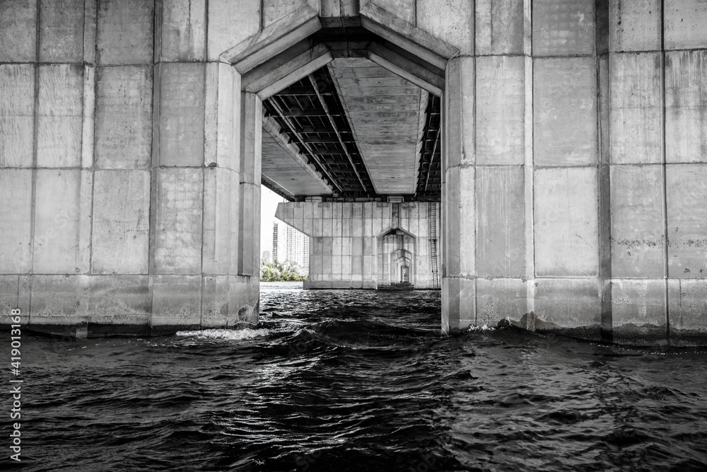 Obraz premium View through the pillars of the bridge. The left bank of the Dnieper in the city of Kiev. Under the bridge. Black and white photo