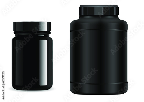 Protein jar. Black plastic bottle. Supplement package, sport container, 3d vector. Whey protein powder packaging. Vitamin pill can, realistic round cylinder bottle set. Geiner pack blank isolated