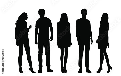 Vector silhouettes of  men and a women, a group of standing  business people, black  color isolated on white background