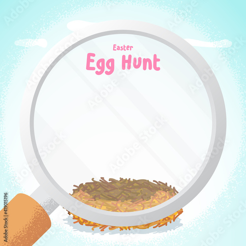 A easter egg hunt banner, the magnifying glass shining towards the nest with text box, illustration vector.