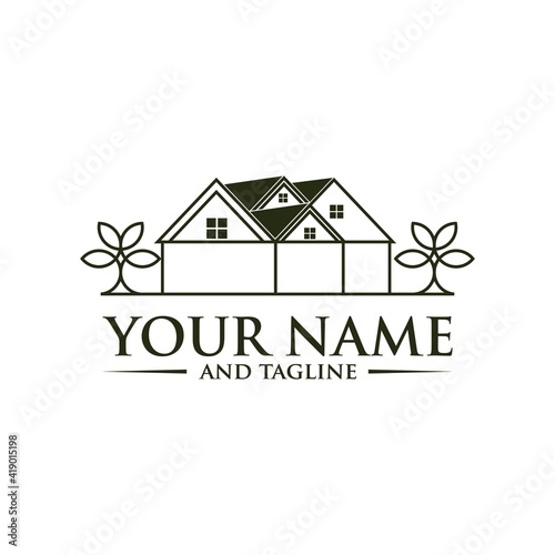 Farm House Logo Concept in Simple Iconic Line Style Design Vector, Green Wood Resident Vector Logo Template. Design template of two trees incorporate with a house that made from a simple scratch. 