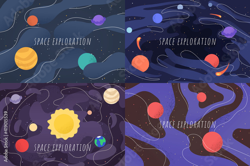 Vector editable illustration. Hand drawn cartoon style. Minimalist doodle art. Solar system, black hole, stardust, milky way. Shape and line. Design elements for web banner, game template. Dots shadow