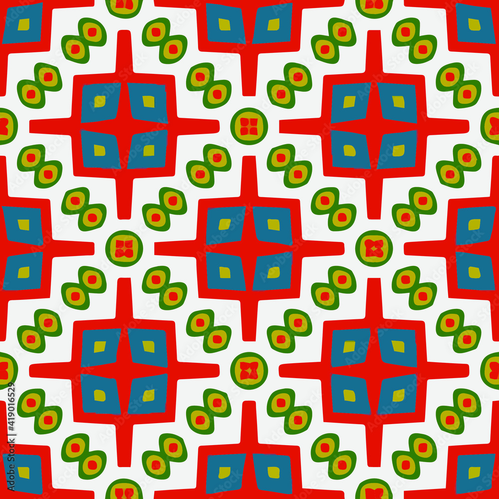 Seamless pattern with symmetric geometric ornament.
Seamless pattern with symmetric geometric ornament.