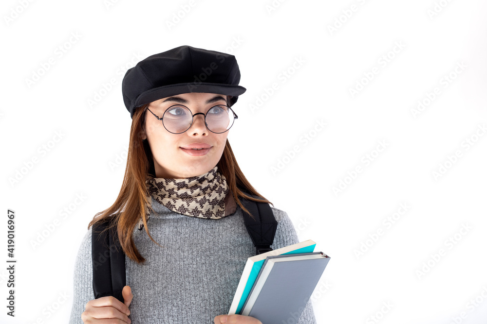 university student woman standing with hat and eyeglasses university student woman standing with hat and eyeglasses