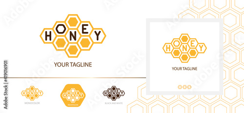 Honey logo. Honeycomb geometry logotype design with variations for print