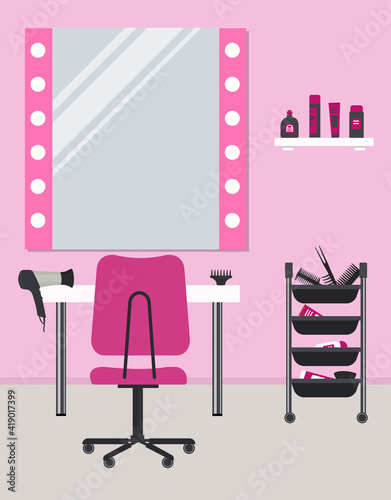 Hairdressing salon in pink. Interior. Hairdresser's workplace. There is a table, a chair, mirror, hair dryer in the image. Vector illustration