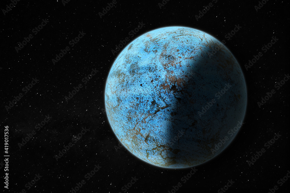 Obraz premium Rendu 3D d'une planète bleue imaginaire dans l'espace intersidéral
