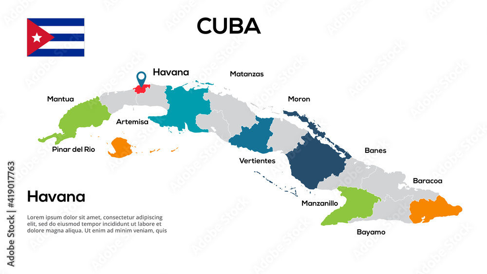 Cuba map. Image of a global map in the form of regions of Cuba regions. Country flag. Infographic timeline. Easy to edit