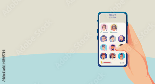 One man use headphones listens to a smartphone, screen show status of people using social networking applications, Club, house Drop in Audio, learning or meeting online, Vector illustration, Flat