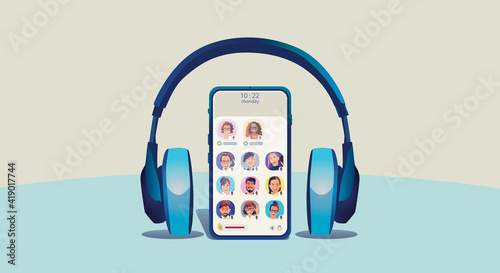 One man use headphones listens to a smartphone, screen show status of people using social networking applications, Club, house Drop in Audio, learning or meeting online, Vector illustration, Flat photo