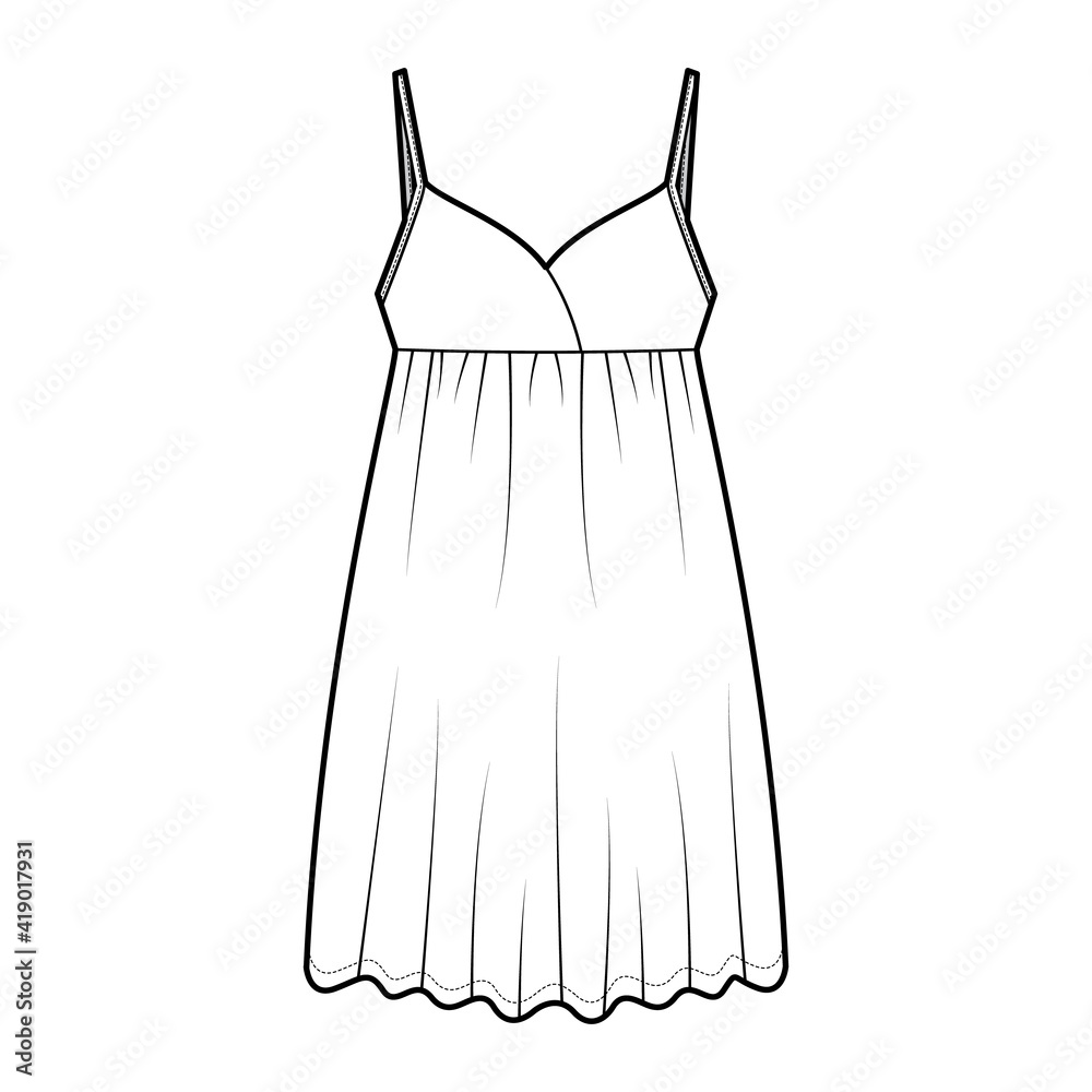 Babydoll dress Sleepwear Pajama technical fashion illustration with mini length, oversized, adjustable shoulder straps, trapeze silhouette. Flat front, white color style. Women, men unisex CAD mockup Babydoll dress Sleepwear Pajama technical fashion illustration with mini length, oversized, adjustable shoulder straps, trapeze silhouette. Flat front, white color style. Women, men unisex CAD mockup