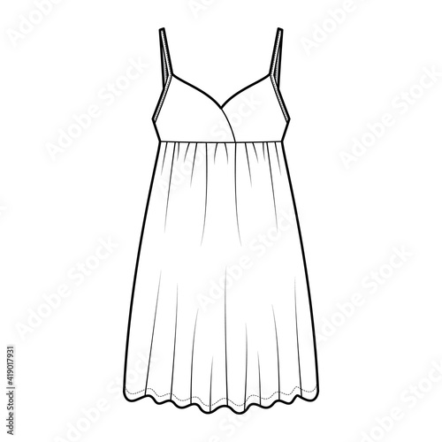 Babydoll dress Sleepwear Pajama technical fashion illustration with mini length, oversized, adjustable shoulder straps, trapeze silhouette. Flat front, white color style. Women, men unisex CAD mockup