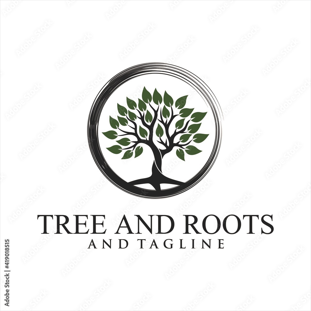 Obraz premium Abstract vibrant tree logo design, root vector - Tree of life logo design inspiration isolated on white background.