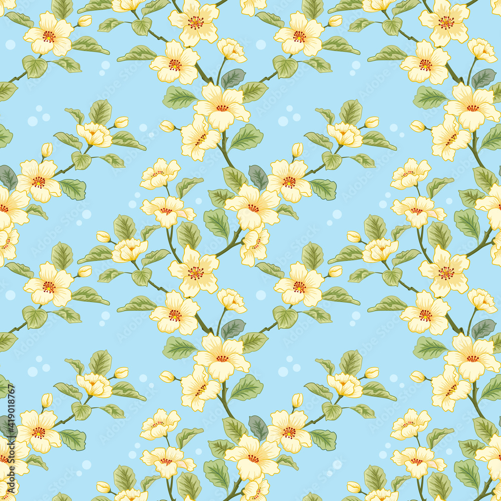 Yellow flowers and green leaves on a light blue color seamless pattern for fabric textile background and backdrop. Yellow flowers and green leaves on a light blue color seamless pattern for fabric textile background and backdrop.