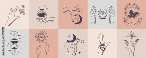 Set of alchemy esoteric mystical magic with woman hands. Esoteric linear prints with astrological symbols, crystals, sun, hourglass, potion, evil eye, occult hand. For tattoo boho, witchcraft esoteric