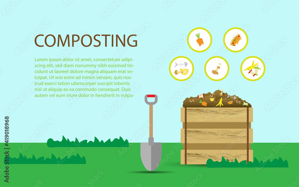 Compost illustration, compost bin with organic waste illustration for