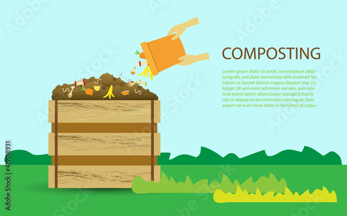 Compost illustration, compost bin  with organic waste illustration for waste composting,  waste recycling process concept for compost organic waste vector illustration. 