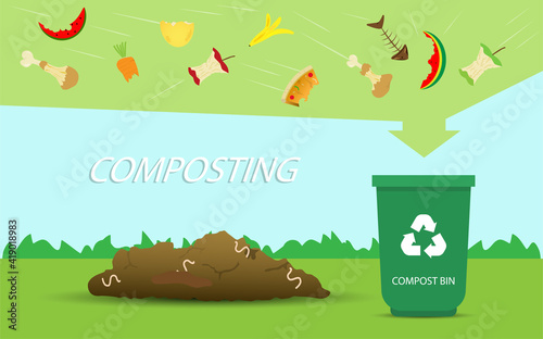 Compost illustration, compost bin  with organic waste illustration for waste composting,  waste recycling process concept for compost organic waste vector illustration. 