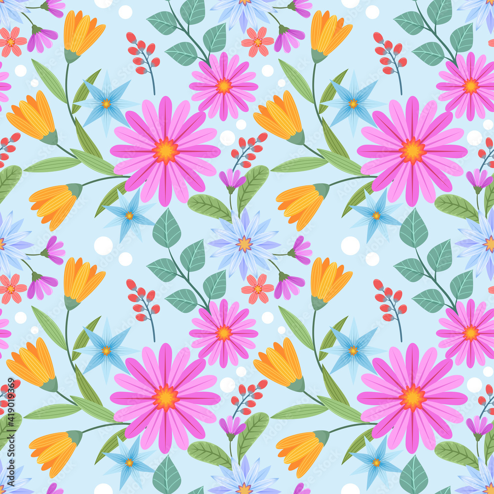 Pink and orange flowers on a light blue color seamless pattern for fabric textile background and backdrop.