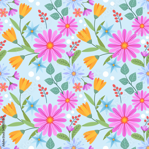Pink and orange flowers on a light blue color seamless pattern for fabric textile background and backdrop.