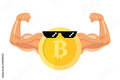 Bitcoin with muscles and suglasses. Humorous illustration. Bitcoin power and value growth concept.