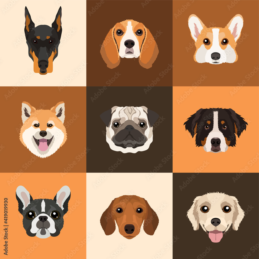 Seamless vector pattern with dog breeds. Flat design