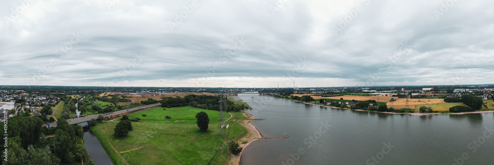 Panoramic view of Leverkusen, Cologne and the ailing autobahn bridge on the Rhine, Germany. Drone photography.