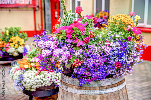 Flower barrels on the streets of Kilkenny Ireland