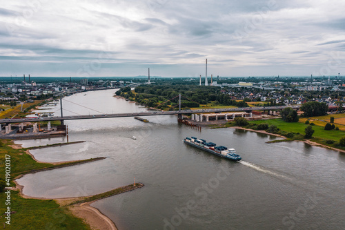 Panoramic view of Leverkusen, Cologne and the ailing autobahn bridge on the Rhine, Germany. Drone photography. © Bernhard