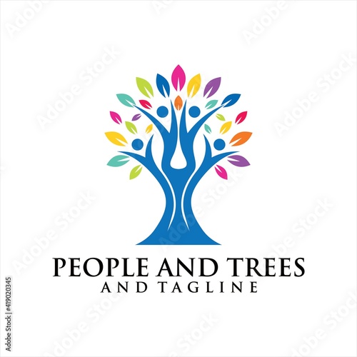 Human Tree Creative Concept Logo Design Template, People Tree Vector Logo Template.