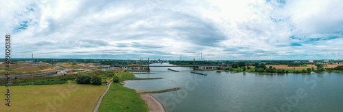 Panoramic view of Leverkusen, Cologne and the ailing autobahn bridge on the Rhine, Germany. Drone photography. © Bernhard
