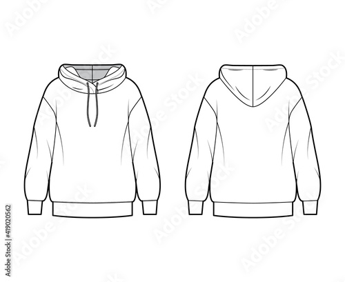 Hoody sweatshirt technical fashion illustration with long sleeves, oversized body, banded cuff, drawstring. Flat garment apparel template front, back, white color style. Women, men, unisex CAD mockup
