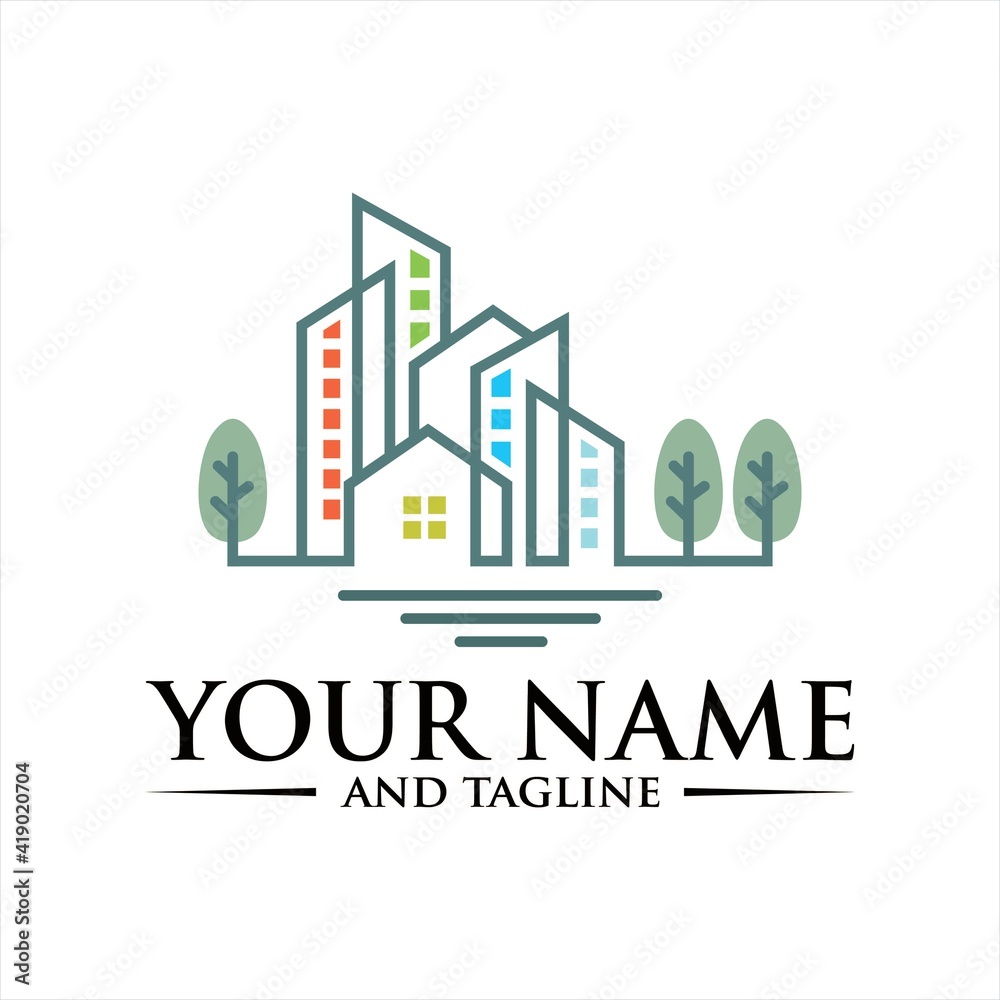 Abstract green city building logo design concept. Symbol icon of residential, apartment and city landscape.