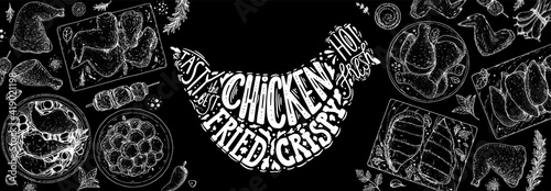 Chicken dinner. Grilled and Fried chicken. Hand drawn sketch illustration. Grilled chicken meat top view frame. Vector illustration. Engraved design. Restaurant menu design template.