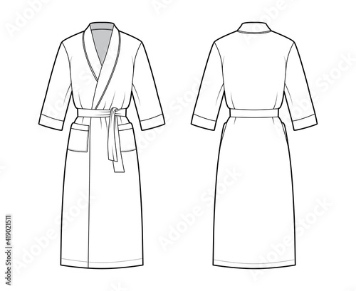 Bathrobe Dressing gown technical fashion illustration with wrap opening, knee length, oversized, tie, pocket, elbow sleeves. Flat apparel front back, white color style. Women, men, unisex CAD mockup
