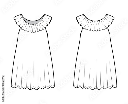Negligee dress Sleepwear Pajamas technical fashion illustration with mini length, oversized, Pierrot frilled collar, trapeze silhouette. Flat front back, white color style. Women men unisex CAD mockup