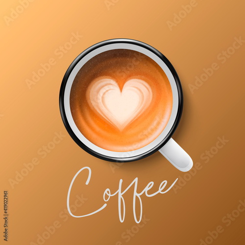 Vector 3d Realistic Ceramic White Metal Enamel Retro Coffee Mug, Cup Closeup on Brown Background. Milk Foam Coffee, Latte, Capuccino. Design Template. Top View