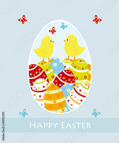 Happy Easter card with chickens and eggs. 