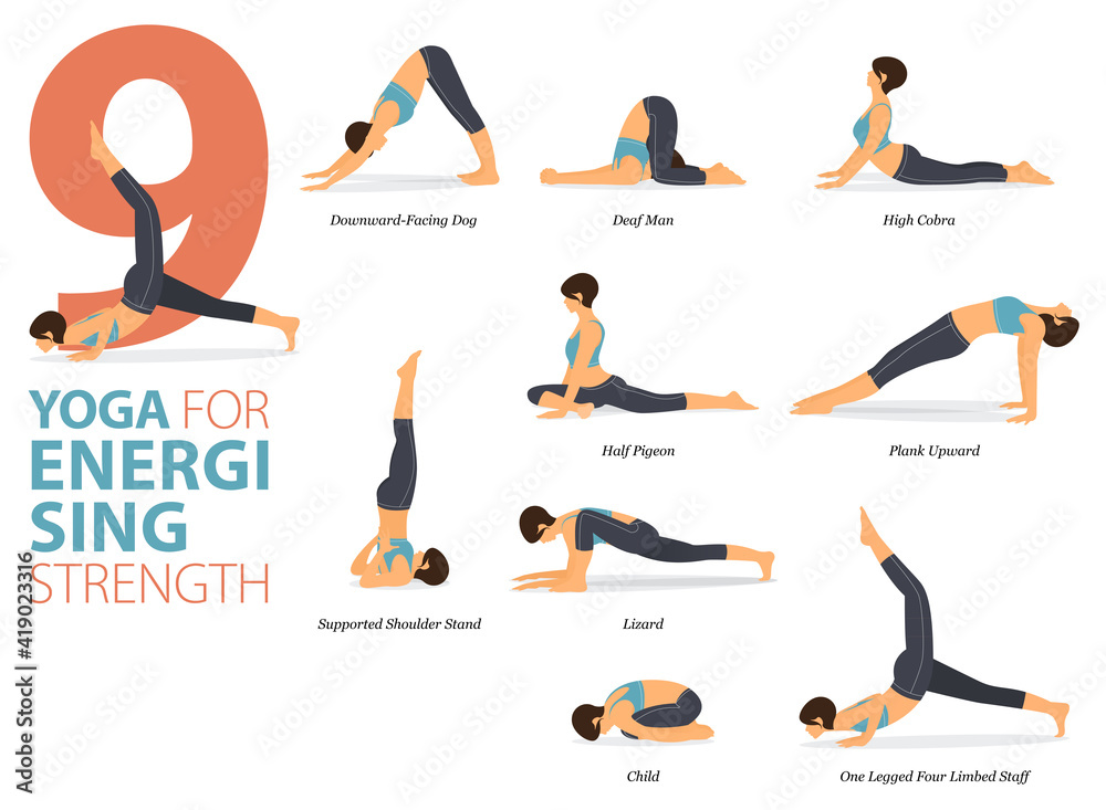 9 Yoga poses or asana posture for workout in Energising Strength concept.  Women exercising for body stretching. Fitness infographic. Flat cartoon  vector Stock Vector