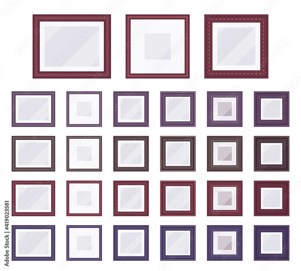 Picture and photo square frame set for home, office decor. Wall or desktop artwork, canvas, diplomas and certificates display. Vector flat style cartoon illustration isolated on white background Picture and photo square frame set for home, office decor. Wall or desktop artwork, canvas, diplomas and certificates display. Vector flat style cartoon illustration isolated on white background