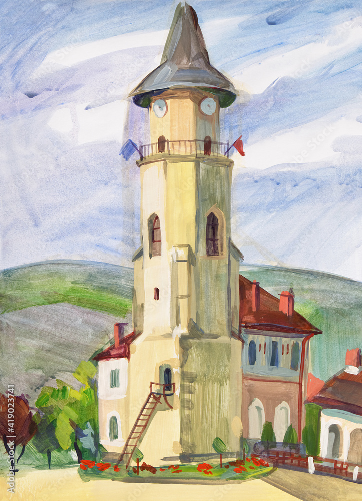 Landscape painted with gouache on paper. Etude sketch performed in the open air. Romania, Piatra Neamt. Stephen's Tower the city symbol in the medieval town square