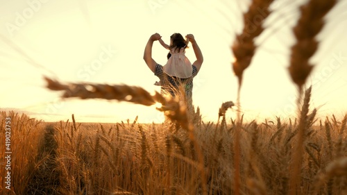 Happy child and father are playing in field of ripening wheat. Little daughter on fathers shoulders. Baby boy and dad travel on field. Kid and parent play in nature. Happy family and childhood concept