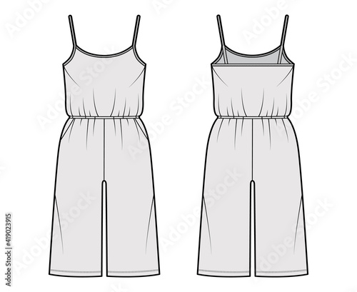 Camisole jumpsuit Dungaree overall technical fashion illustration with knee length, normal elastic waist, oversized, pockets. Flat front back, grey color style. Women, men unisex CAD mockup